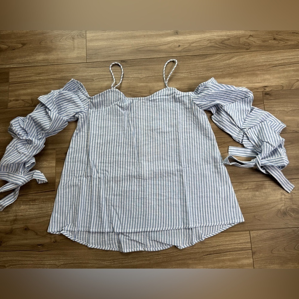 After Market Cold-Shoulder Tie-Sleeve Top Blue White stripes Women’s Size S New
